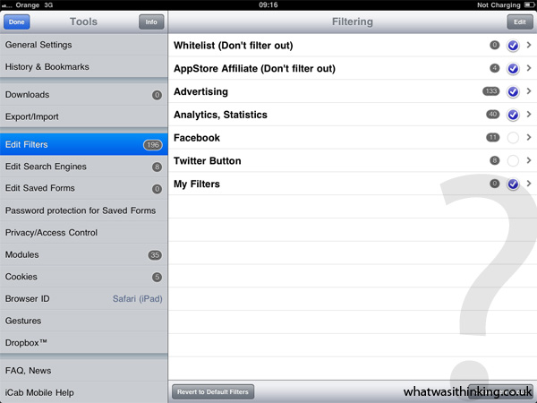 icab mobile default filters list