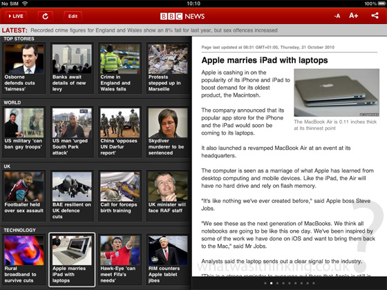 BBC news for the iPad screenshot